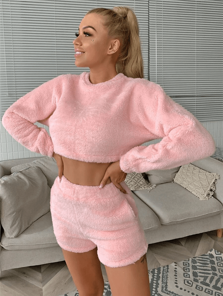 Cuddle Soft Fuzzy Top and Shorts Lounge Set  Castello Clothing Line   