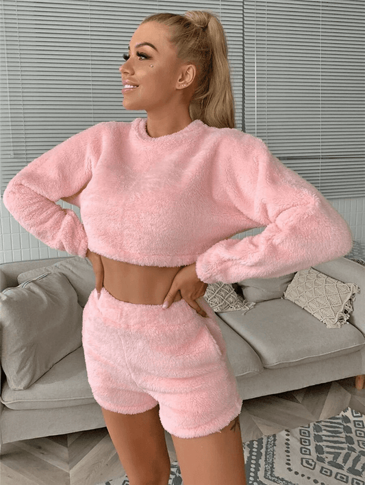 Cuddle Soft Fuzzy Top and Shorts Lounge Set  Castello Clothing Line   