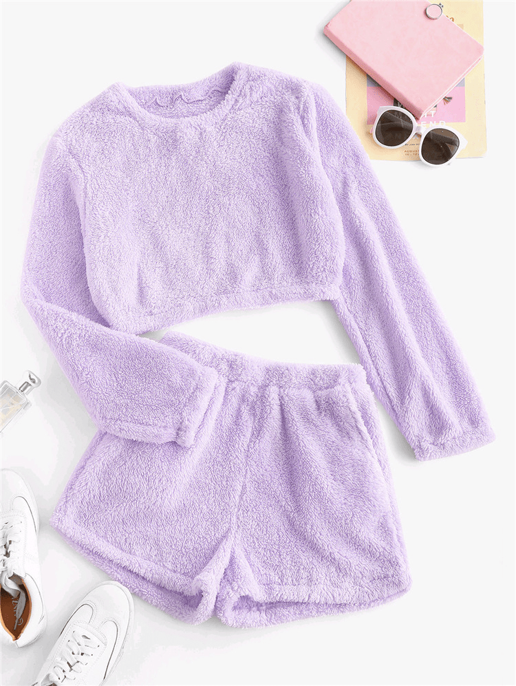 Cuddle Soft Fuzzy Top and Shorts Lounge Set  Castello Clothing Line   