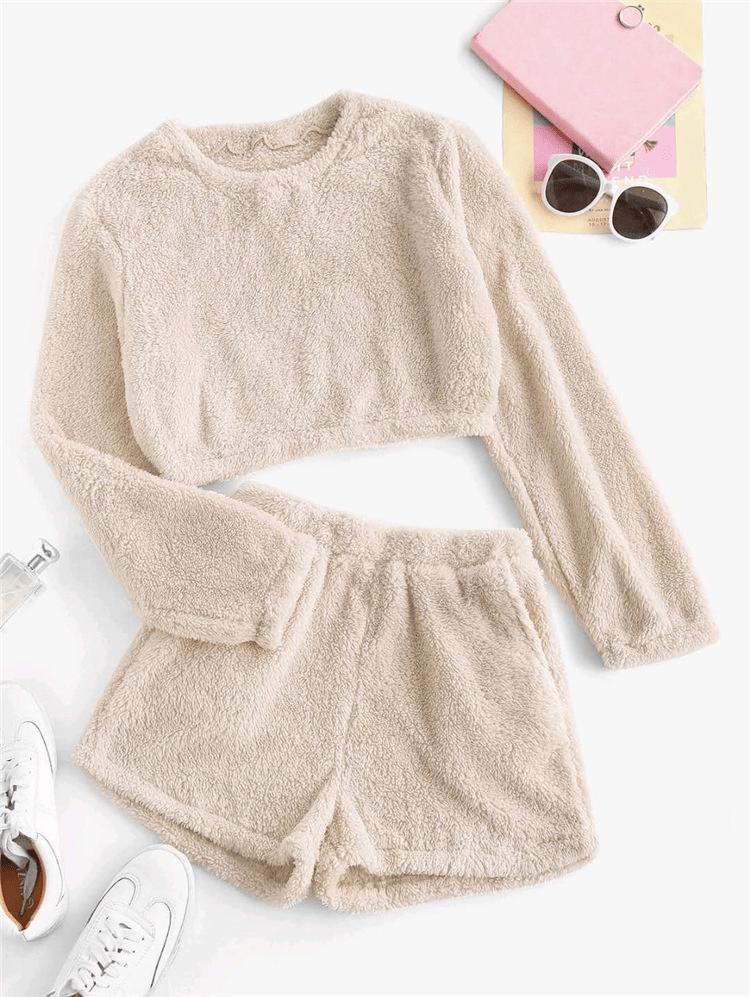 Cuddle Soft Fuzzy Top and Shorts Lounge Set  Castello Clothing Line   