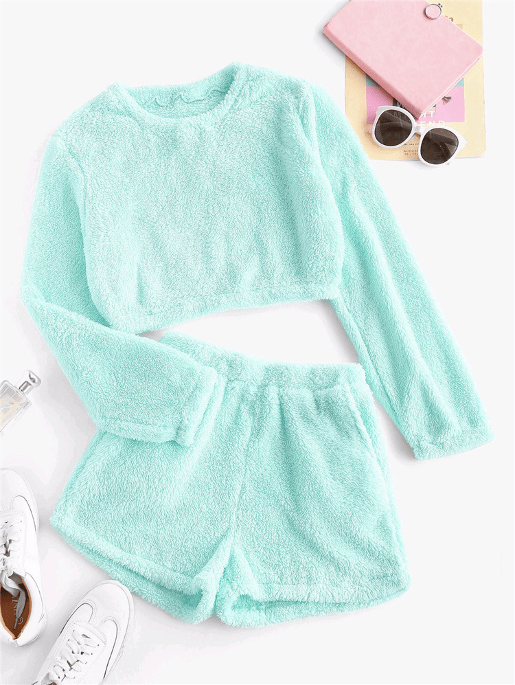 Cuddle Soft Fuzzy Top and Shorts Lounge Set  Castello Clothing Line   