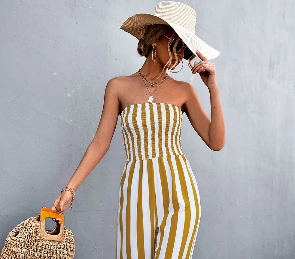 Victoria Strapless Smocked Striped Wide Leg Jumpsuit women jumpsuits Castello Clothing Line