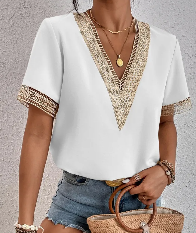 Harmony V-Neck Lace Trim Short Sleeve Blouse Castello Clothing Line
