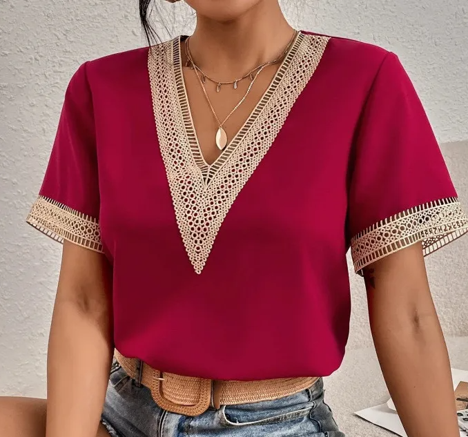 Harmony V-Neck Lace Trim Short Sleeve Blouse Castello Clothing Line