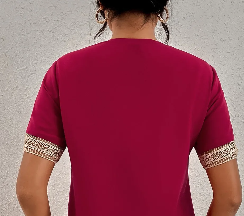 Harmony V-Neck Lace Trim Short Sleeve Blouse Castello Clothing Line