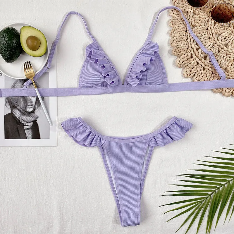 Lilan Ruffle Ribbed Triangle High Leg Bikini Set Castello Clothing Line