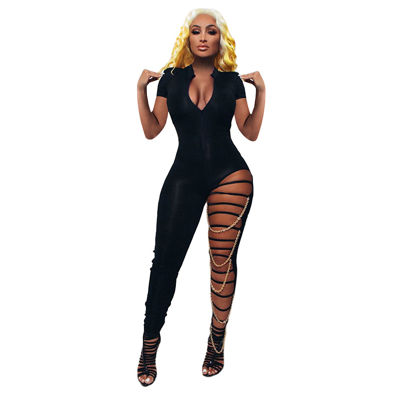 Roxy Short Sleeve Zip-Up Chain Detail Cutout Leg Jumpsuit pants Castello Clothing Line