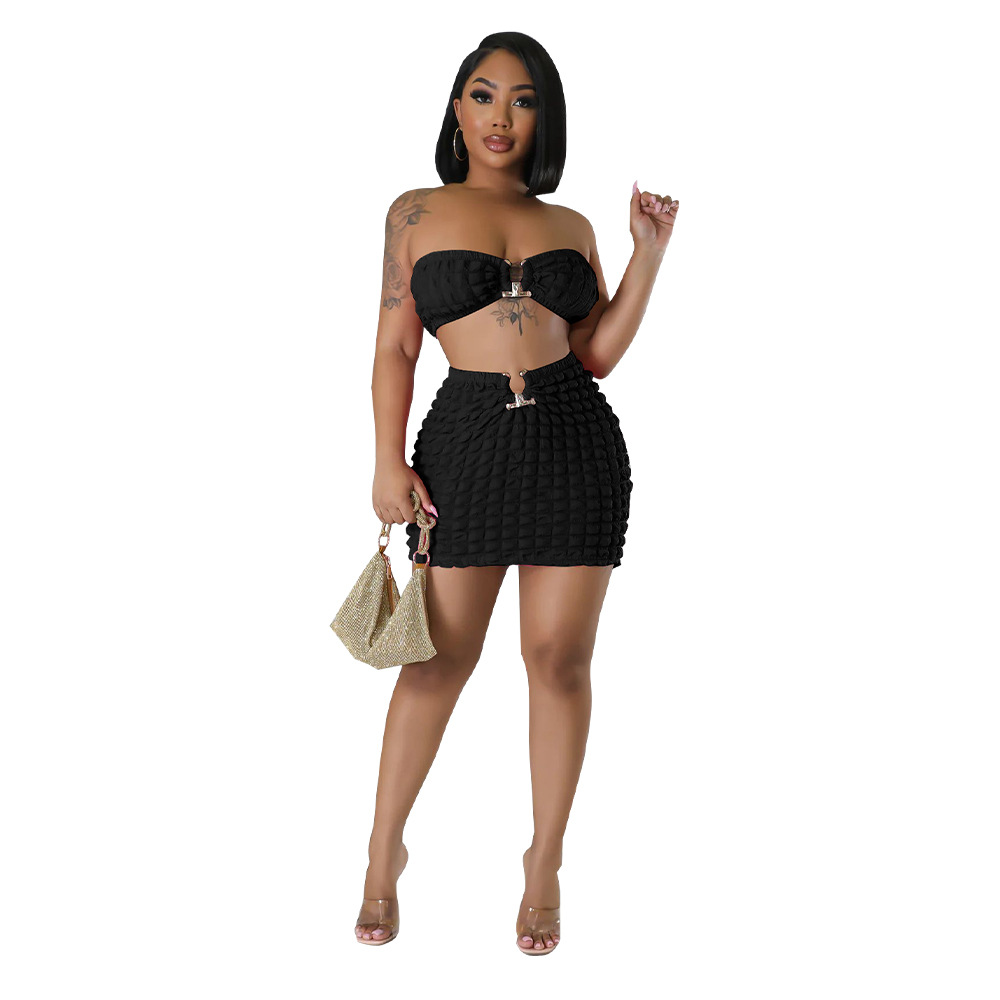 Bandeau Top & Mini Skirt Set - Slim Fit with Metal Buckle Detail  Castello Clothing Line   