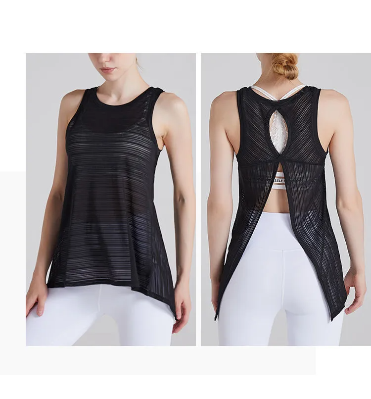 Uma Sleeveless Sheer Mesh Split-Back Tank Top workout tops and t-shirts Castello Clothing Line