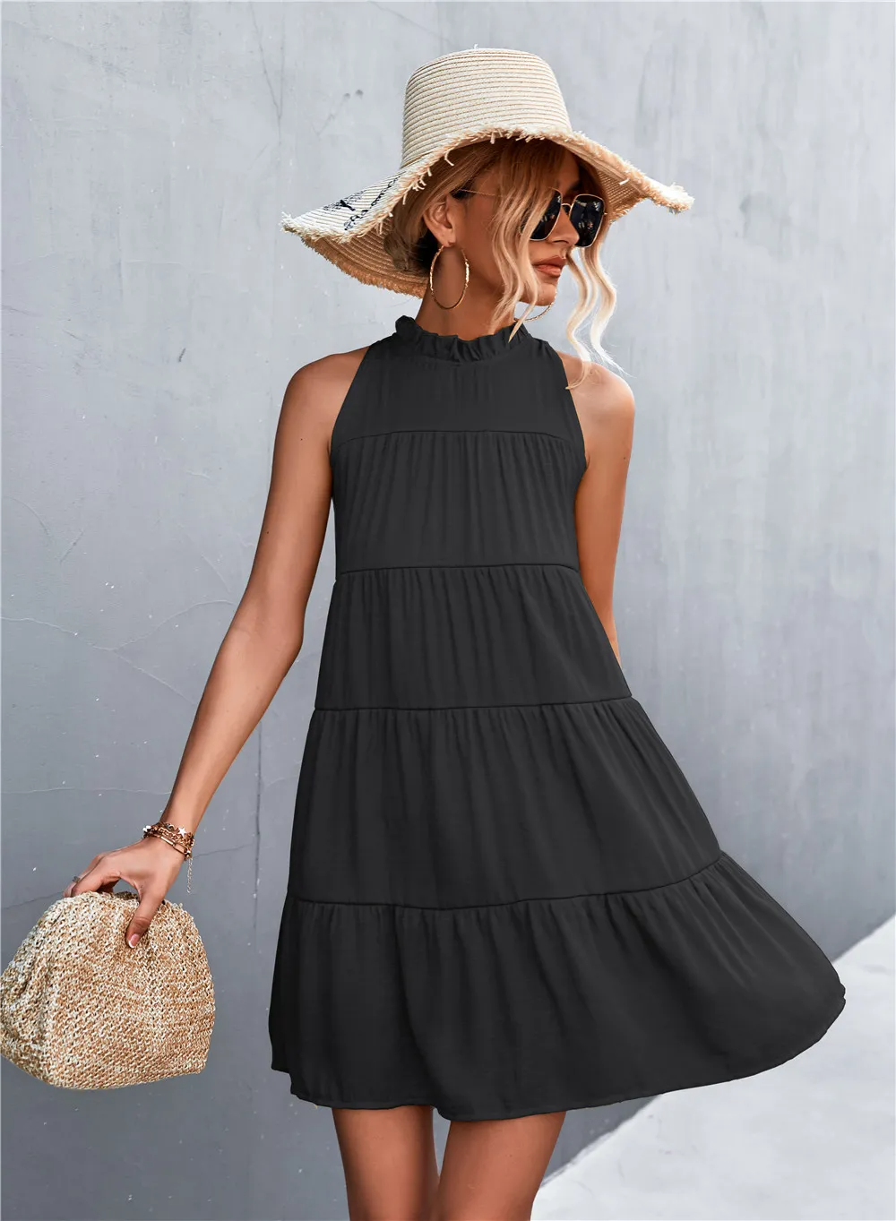 Sara Tiered Ruffle High-Neck Sleeveless Mini Dress Castello Clothing Line