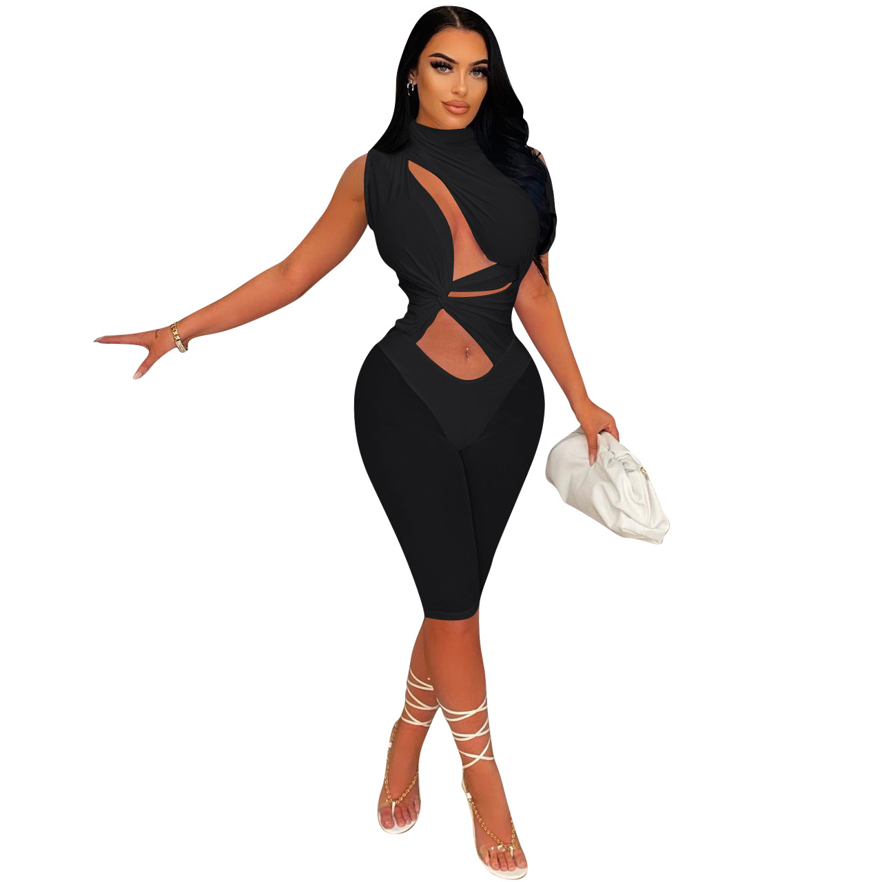 Midnight Mirage Cutout High-Neck Biker Romper  Castello Clothing Line   