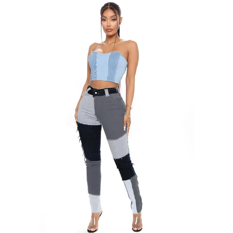 Raw Edge Color Block Skinny Jeans  Castello Clothing Line   