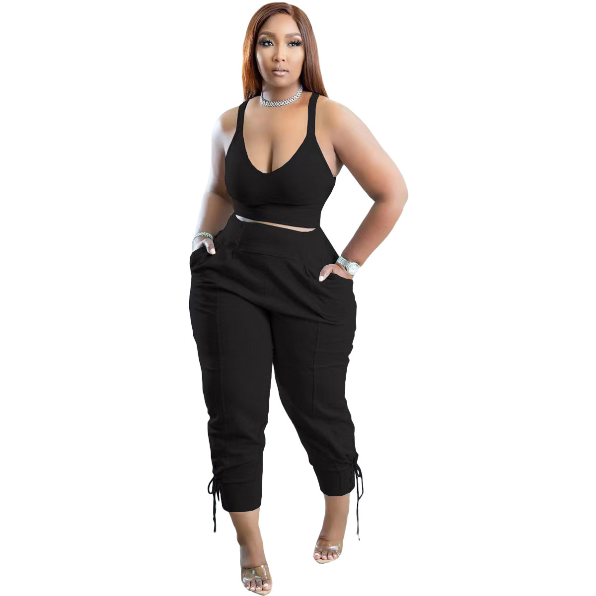 Solid Color High Waist Pant Set with Pockets - Polyester/Cotton  Castello Clothing Line   