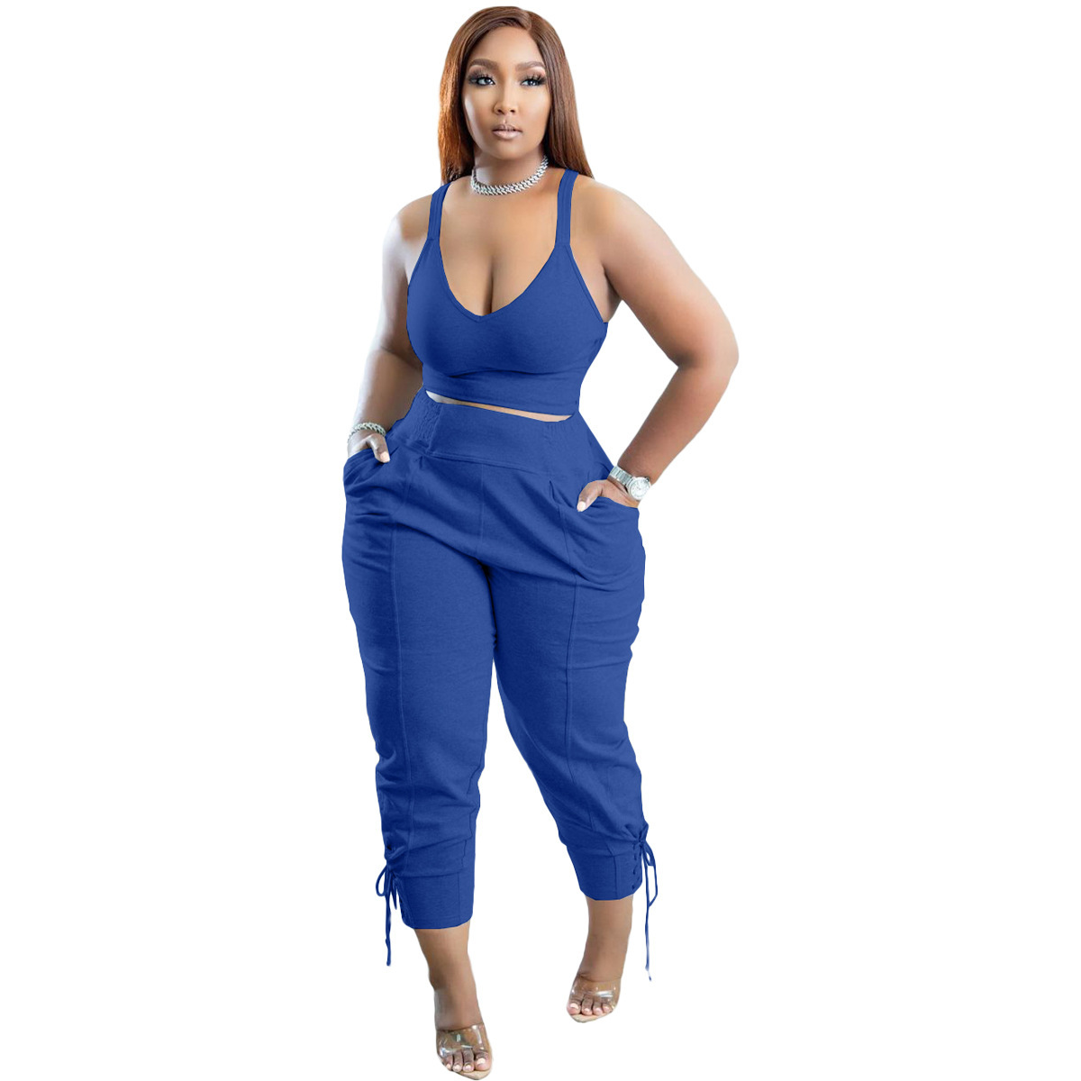 Solid Color High Waist Pant Set with Pockets - Polyester/Cotton  Castello Clothing Line   