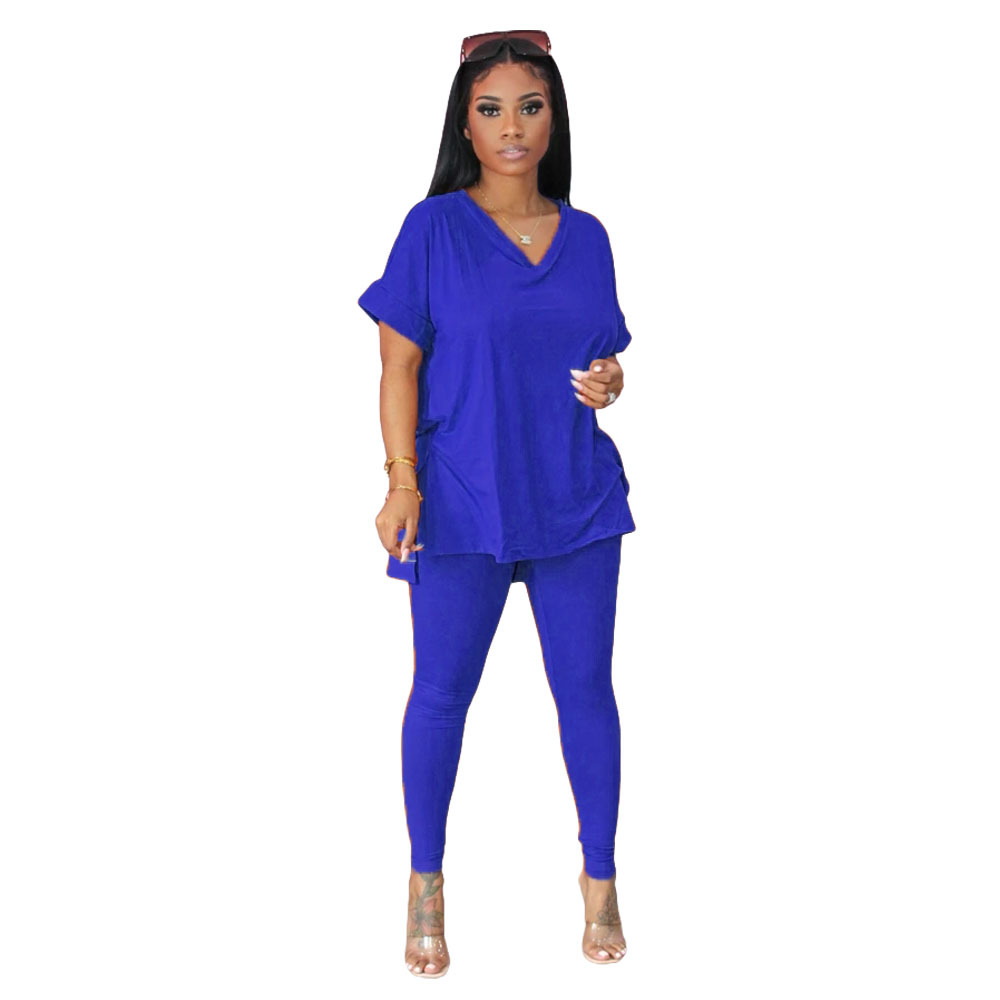 V-Neck Short Sleeve Top & Long Pencil Pants 2-Piece Set  Castello Clothing Line   