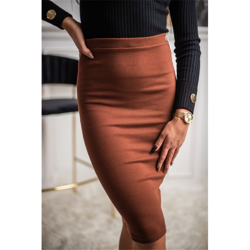Ribbed Knit High Waist Pencil Skirt - Slim Fit, Polyester/Fiber Blend  Castello Clothing Line   