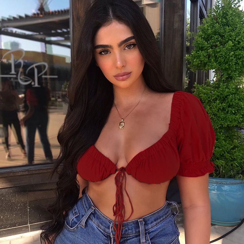 SummerBloom Puff Sleeve Tie Front Cropped Top  Castello Clothing Line   