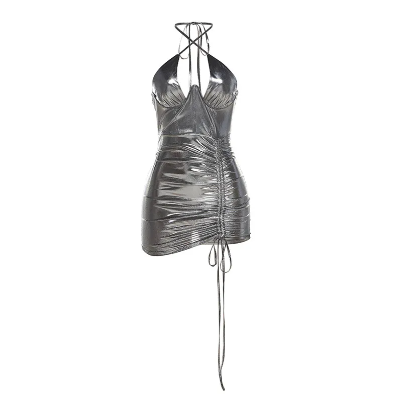Jovienne Halter Ruched Metallic Bodycon Mini Dress mini dress Castello Clothing Line
