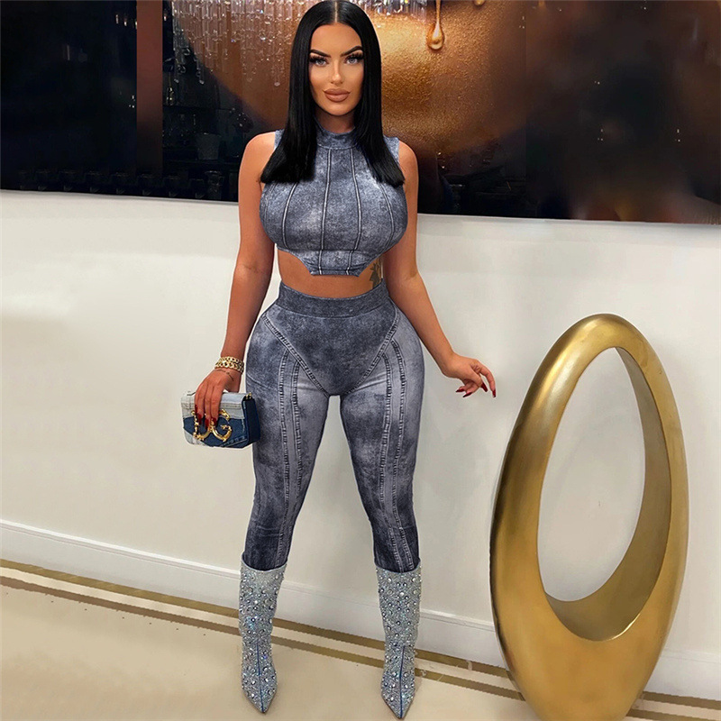 Stone Wash Sleeveless Crop Top & Defined Waist Pants Set - Polyester/Spandex  Castello Clothing Line   