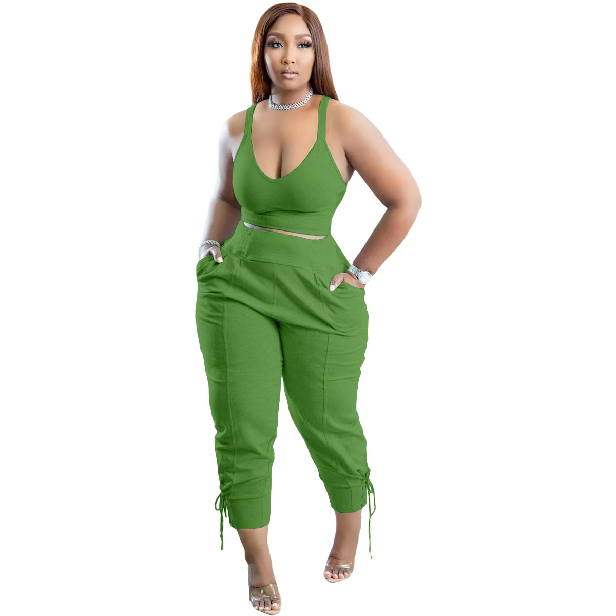 Solid Color High Waist Pant Set with Pockets - Polyester/Cotton  Castello Clothing Line   
