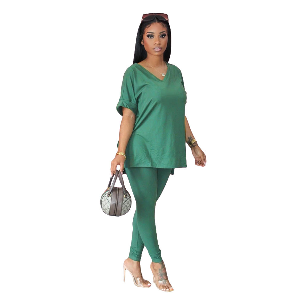 V-Neck Short Sleeve Top & Long Pencil Pants 2-Piece Set  Castello Clothing Line   