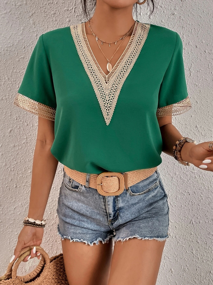 Harmony V-Neck Lace Trim Short Sleeve Blouse Castello Clothing Line