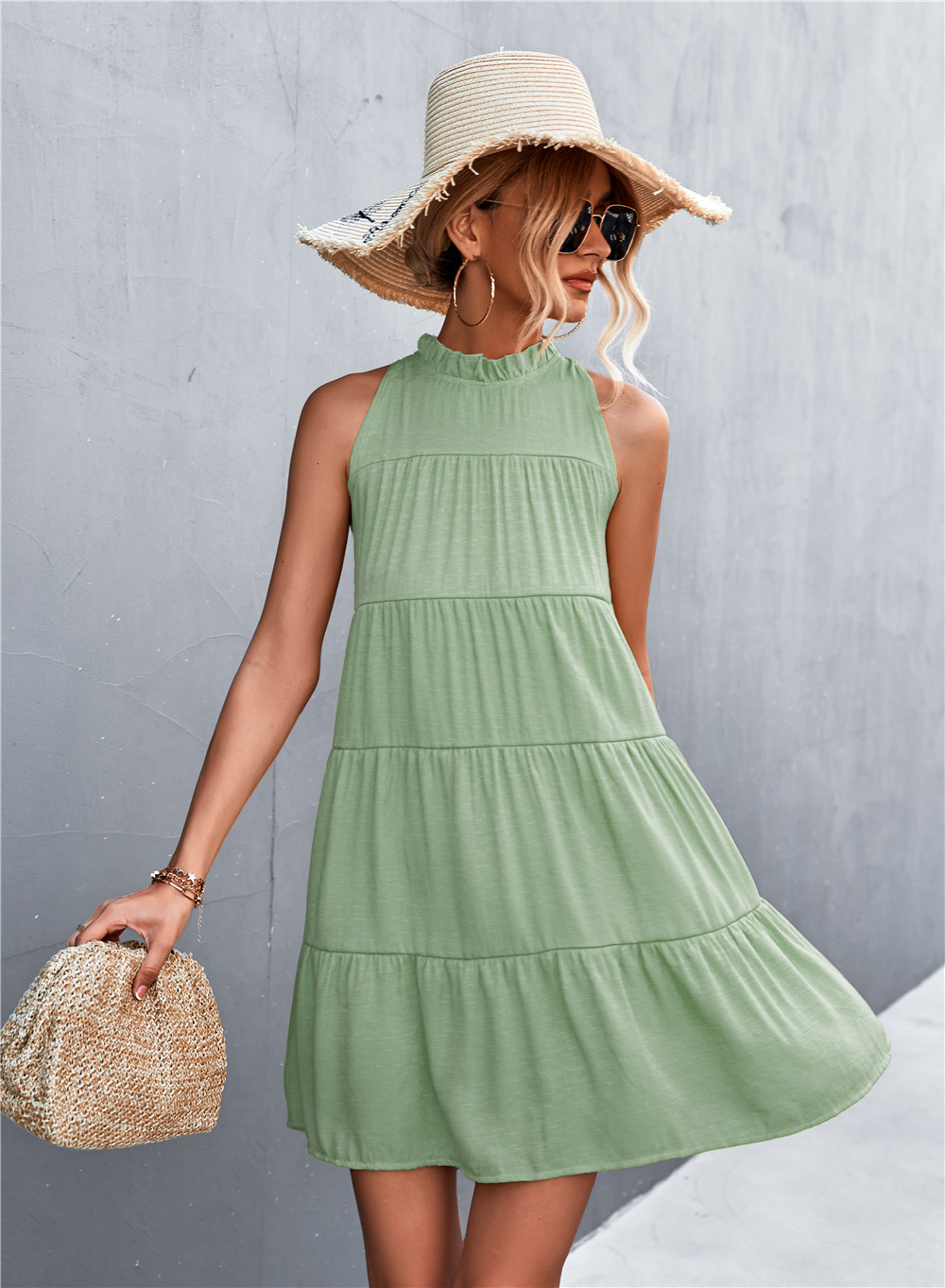 Sara Tiered Ruffle High-Neck Sleeveless Mini Dress Castello Clothing Line