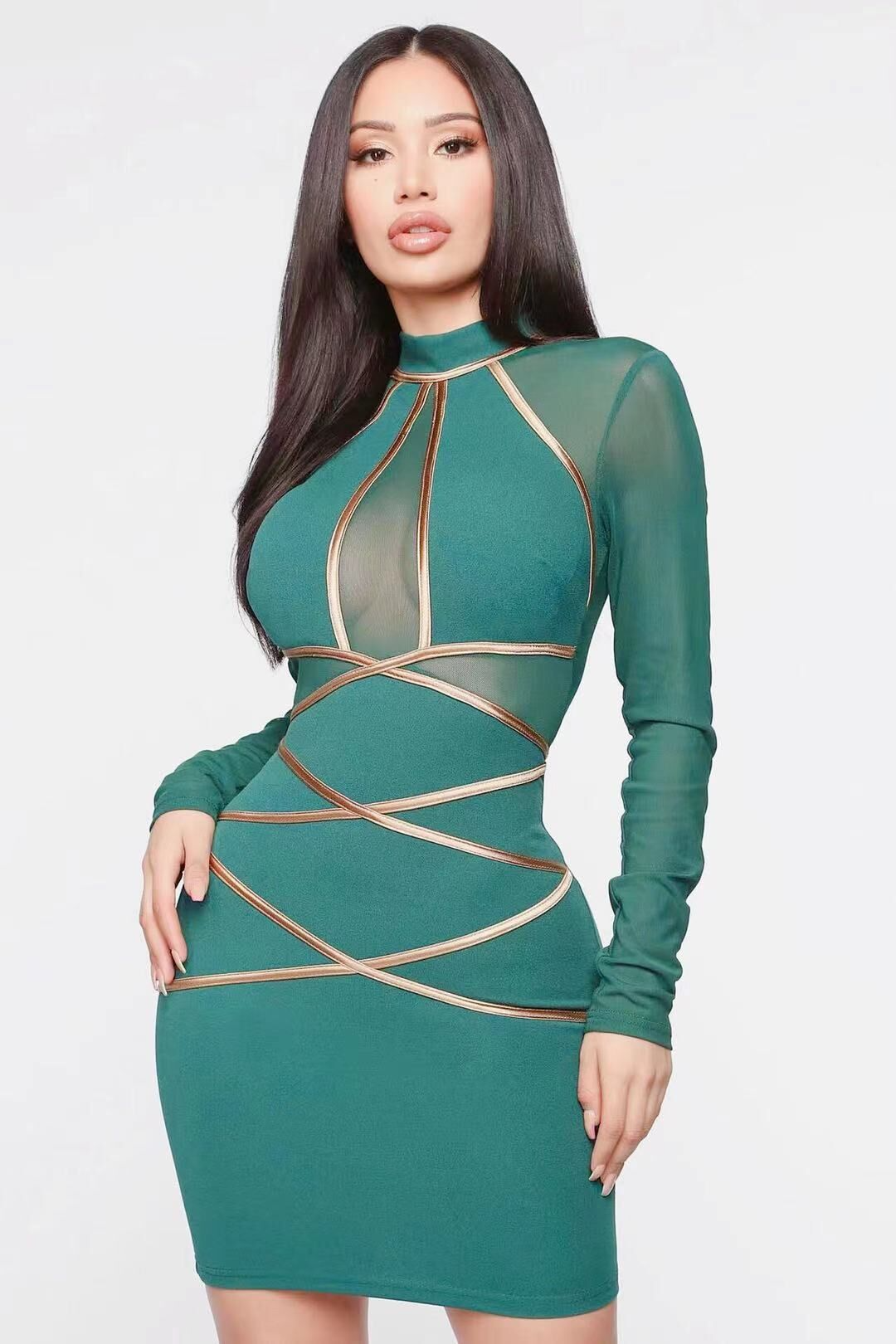 Valencia Sheer Long Sleeve Strappy Bodycon Mini Dress Castello Clothing Line