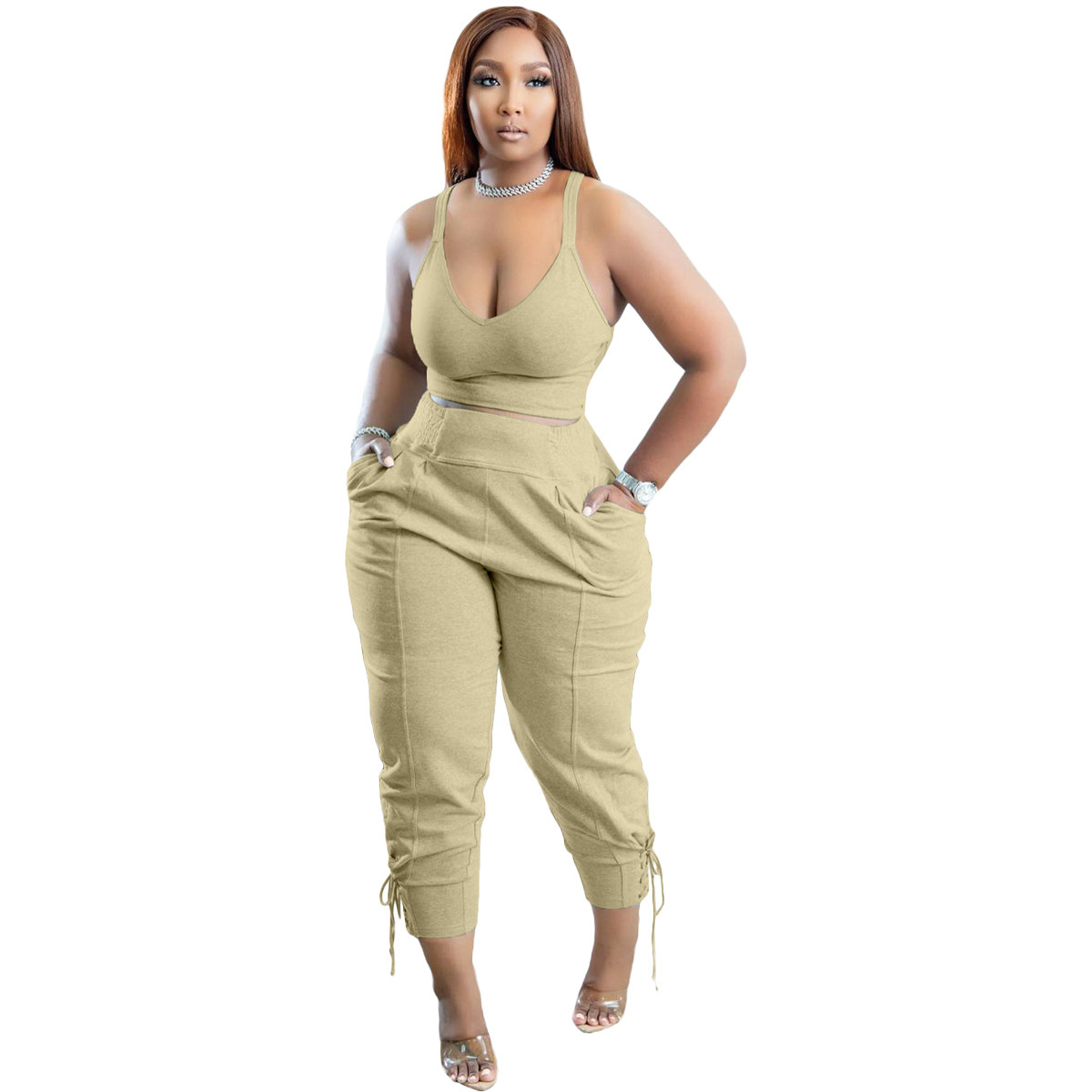 Solid Color High Waist Pant Set with Pockets - Polyester/Cotton  Castello Clothing Line   