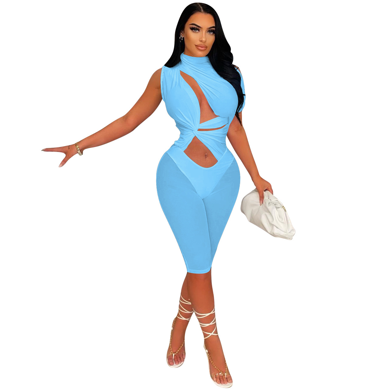 Midnight Mirage Cutout High-Neck Biker Romper  Castello Clothing Line   