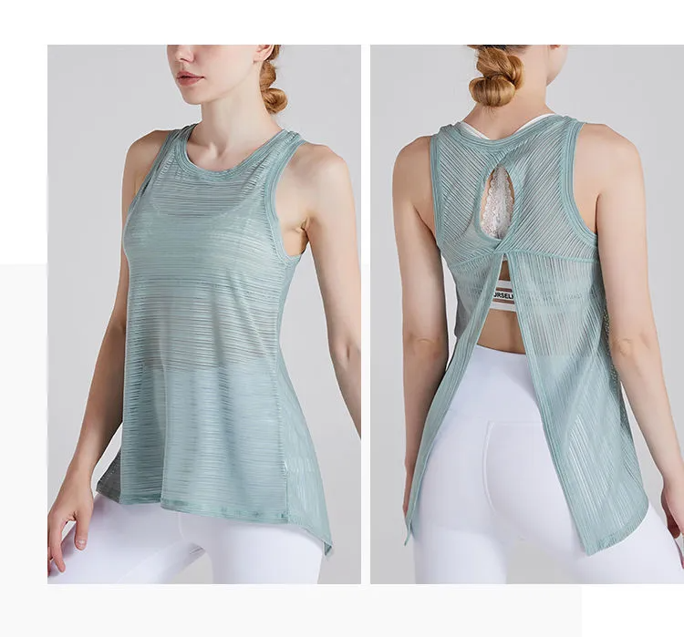 Uma Sleeveless Sheer Mesh Split-Back Tank Top workout tops and t-shirts Castello Clothing Line