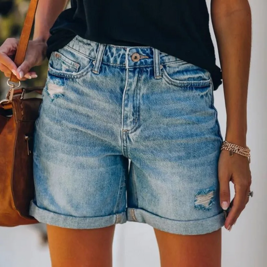 FreeSpirit High Rise Distressed Cuffed Denim Shorts  Castello Clothing Line   
