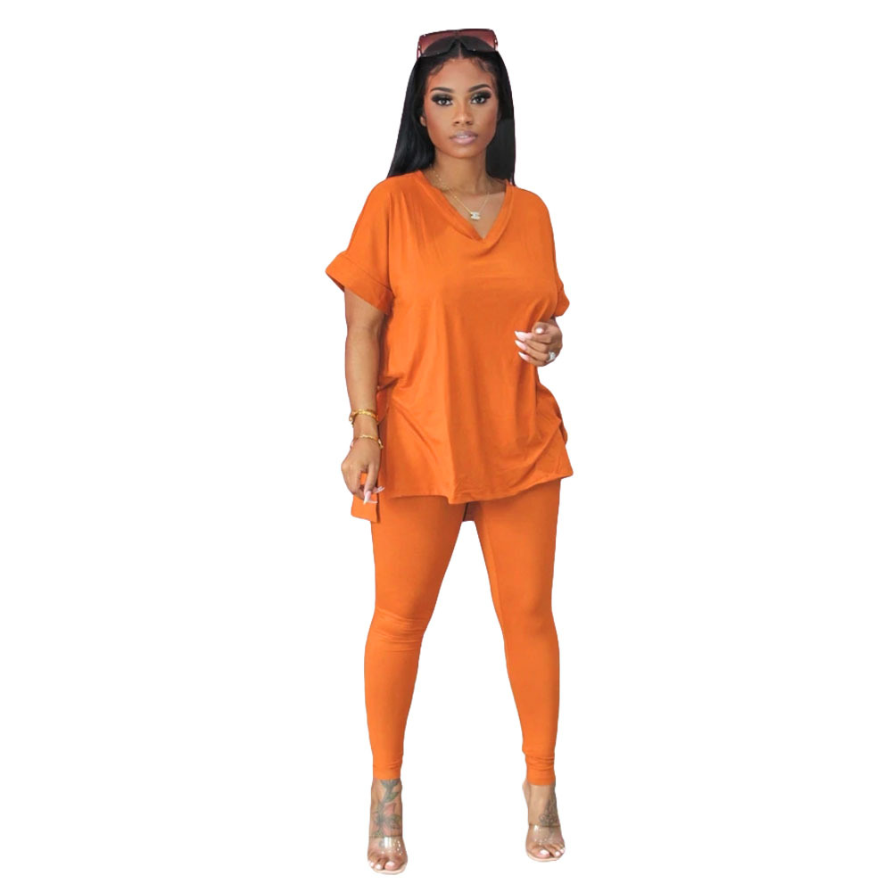 V-Neck Short Sleeve Top & Long Pencil Pants 2-Piece Set  Castello Clothing Line   
