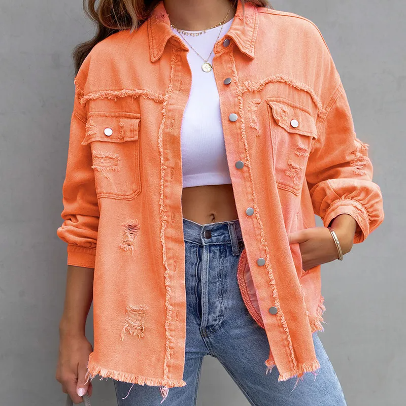 BlushEdge Distressed Frayed Hem Button-Up Denim Shacket Castello Clothing Line