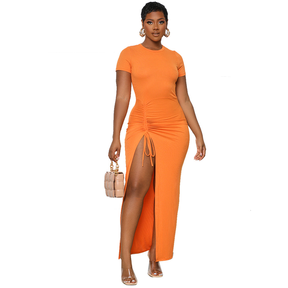 Callista Ruched Drawstring Slit Bodycon Maxi Dress maxi dress Castello Clothing Line