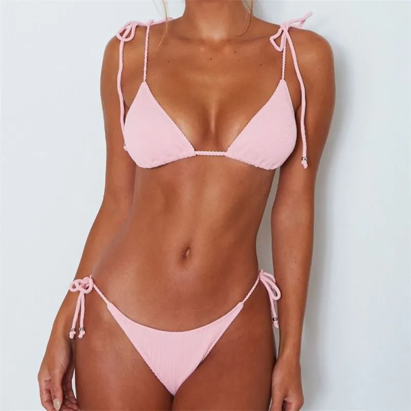Luxe Ribbed Triangle Tie Side Bikini Set Castello Clothing Line