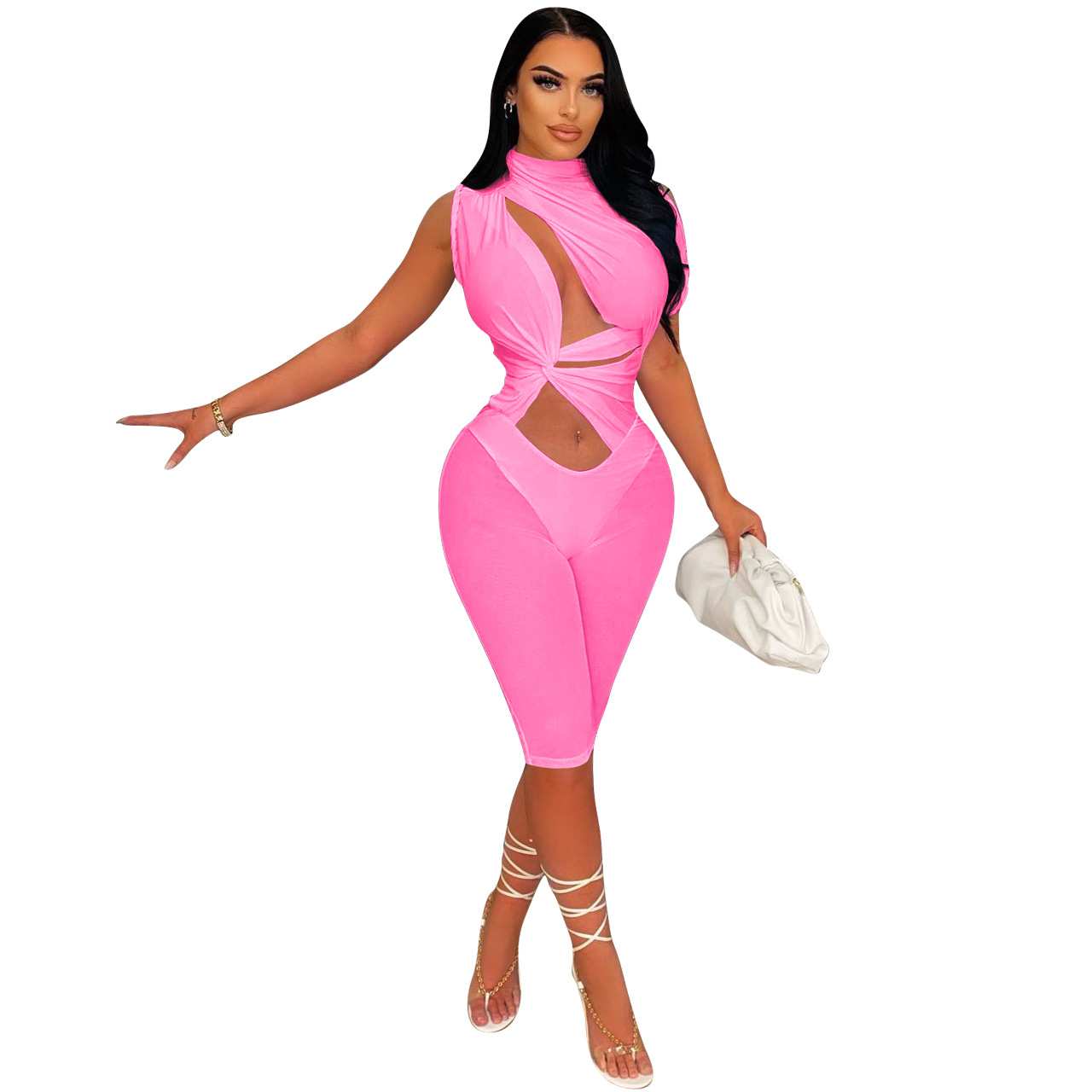 Midnight Mirage Cutout High-Neck Biker Romper  Castello Clothing Line   