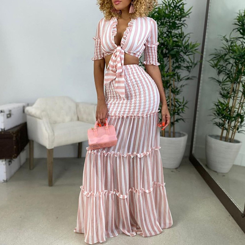 Stripe V Neck Tie Top & Maxi Skirt Set - Stylish 2-Piece Outfit  Castello Clothing Line   