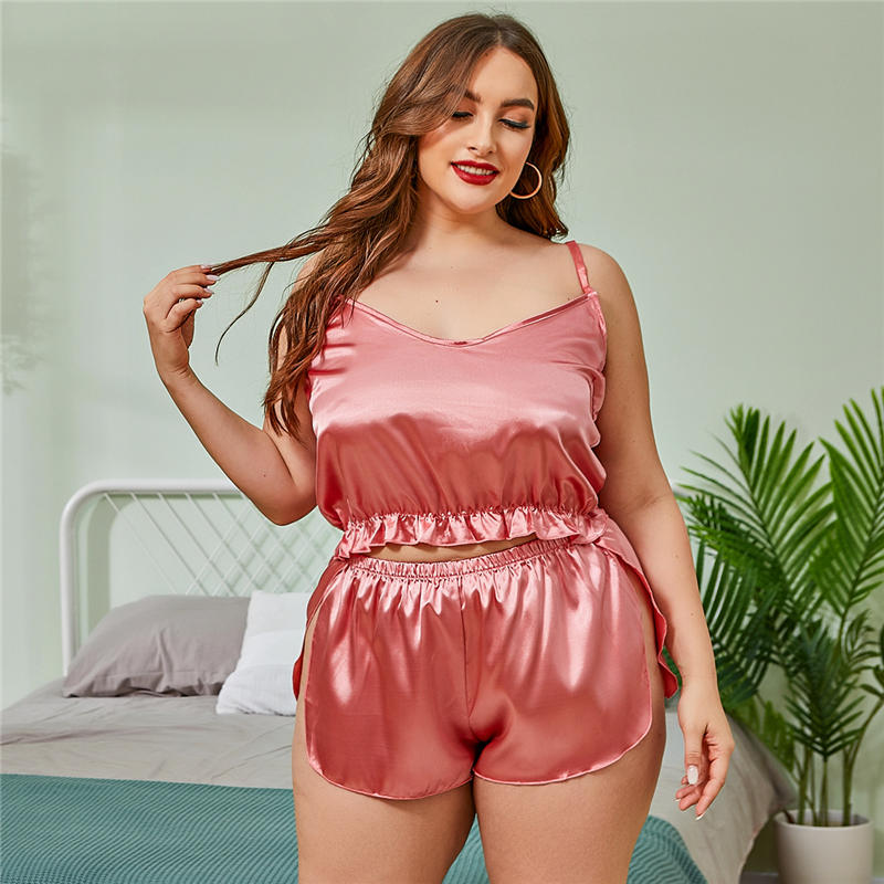 Golden Glow Plus Size Satin Cami and Shorts Lounge Set  Castello Clothing Line   