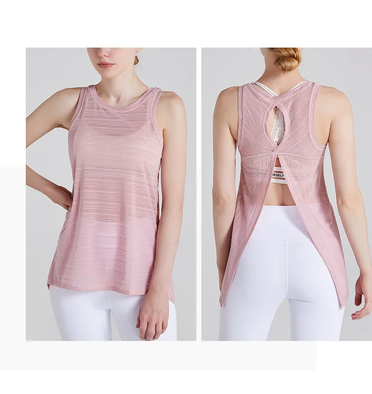 Uma Sleeveless Sheer Mesh Split-Back Tank Top workout tops and t-shirts Castello Clothing Line
