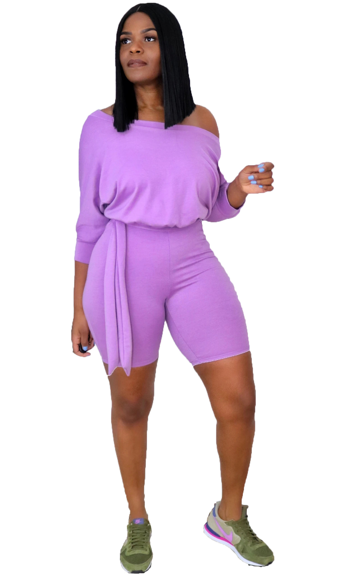 Sassy Slant Belted Off-Shoulder Romper  Castello Clothing Line   