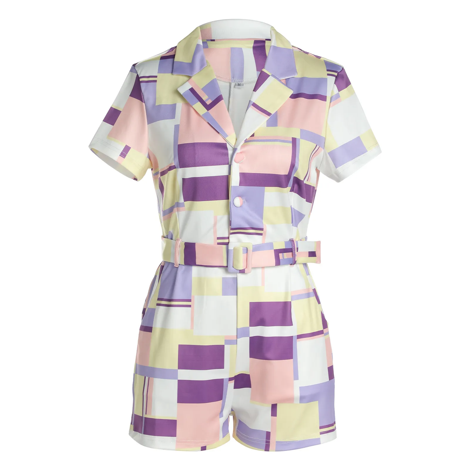 Pop Art Belted Short Sleeve Collared Romper  Castello Clothing Line   