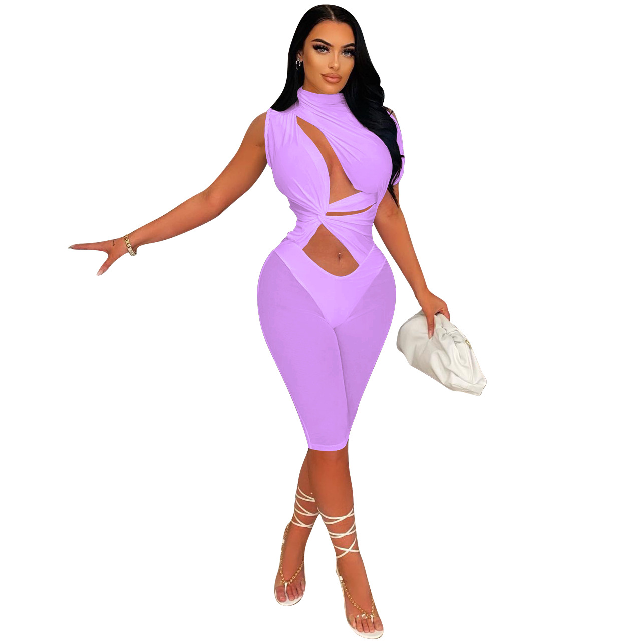 Midnight Mirage Cutout High-Neck Biker Romper  Castello Clothing Line   