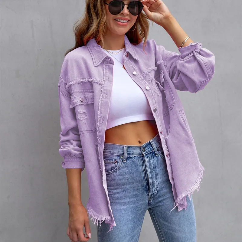 BlushEdge Distressed Frayed Hem Button-Up Denim Shacket Castello Clothing Line
