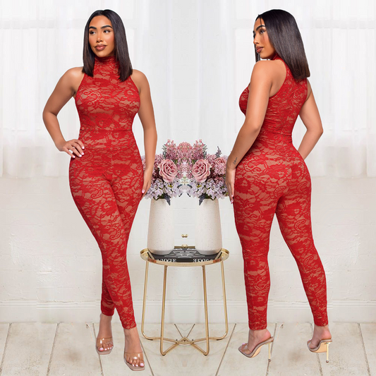 Bambi Sleeveless Sheer Lace Bodycon Mock Neck Jumpsuit women jumpsuits Castello Clothing Line