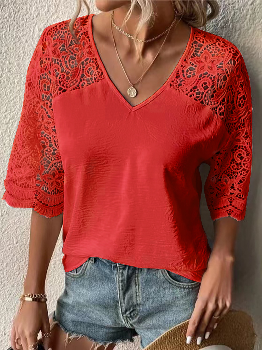Starlight Lace Three-Quarter Sleeve V-Neck Blouse Castello Clothing Line