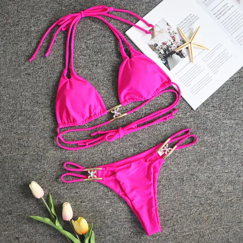 Rhinestone Halter Bikini Set with Double Straps & Cutout  Castello Clothing Line   