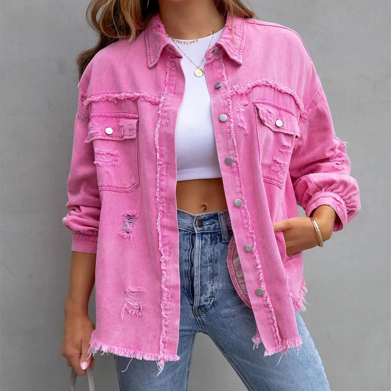 BlushEdge Distressed Frayed Hem Button-Up Denim Shacket Castello Clothing Line