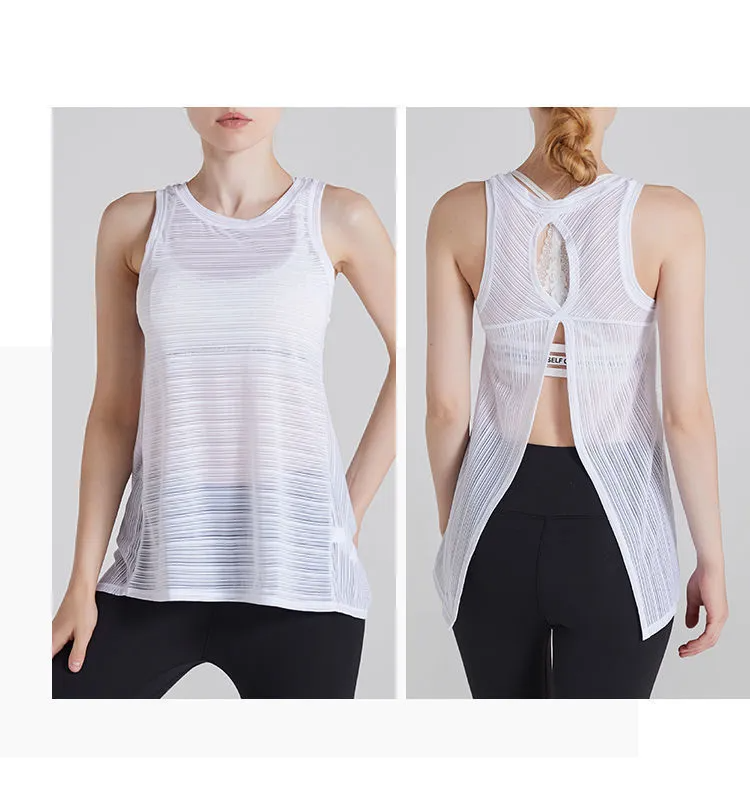 Uma Sleeveless Sheer Mesh Split-Back Tank Top workout tops and t-shirts Castello Clothing Line