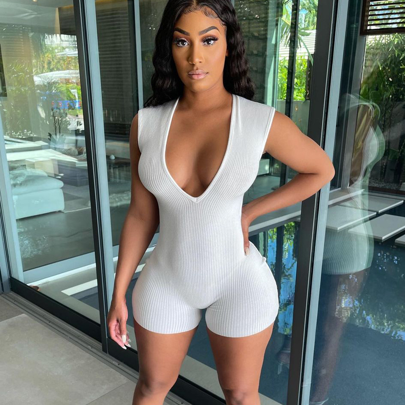 Va-Va Voom Ribbed Deep V Neck Romper  Castello Clothing Line   